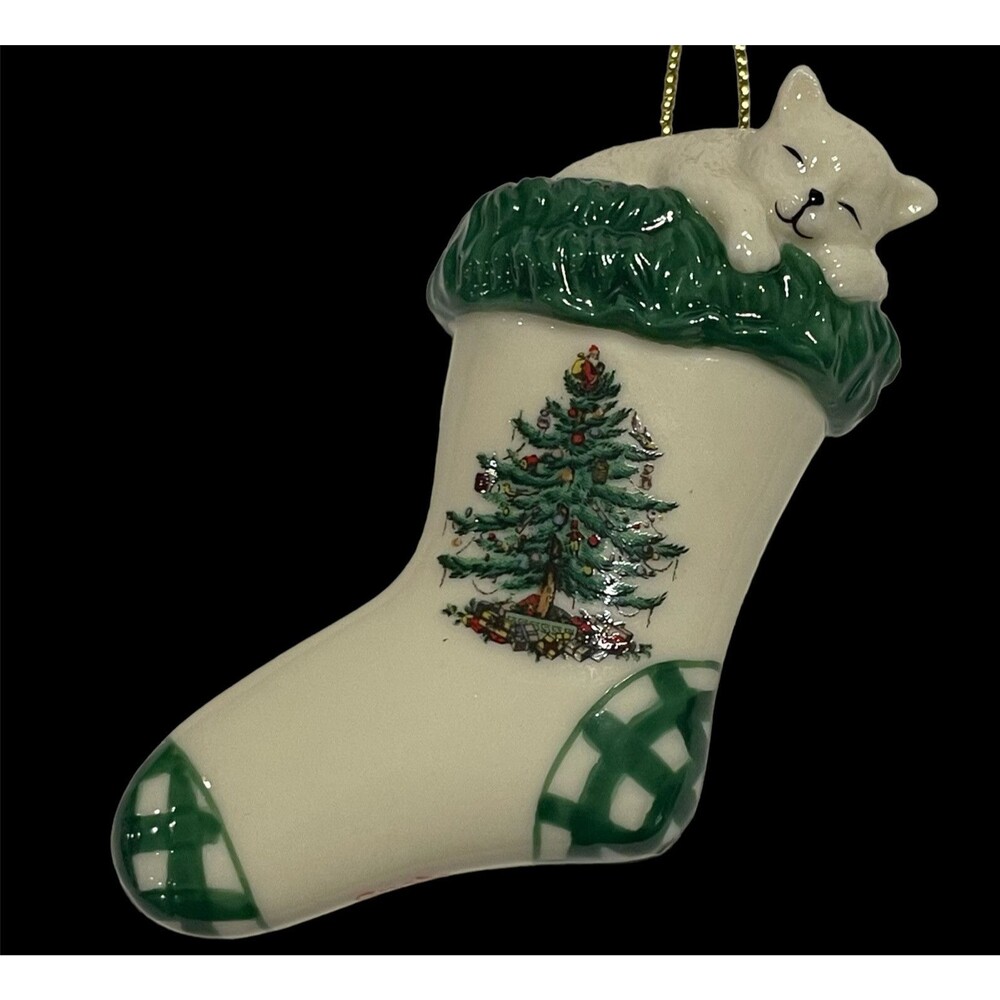 Spode Ceramic Christmas Tree Ornament Kitten Stocking White Cat